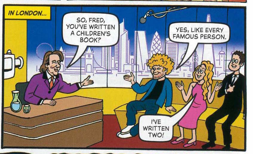 joke from the 2025 Beano Annual about celebrity authors featuring versions of Jonathan Ross and Ed Sheeran