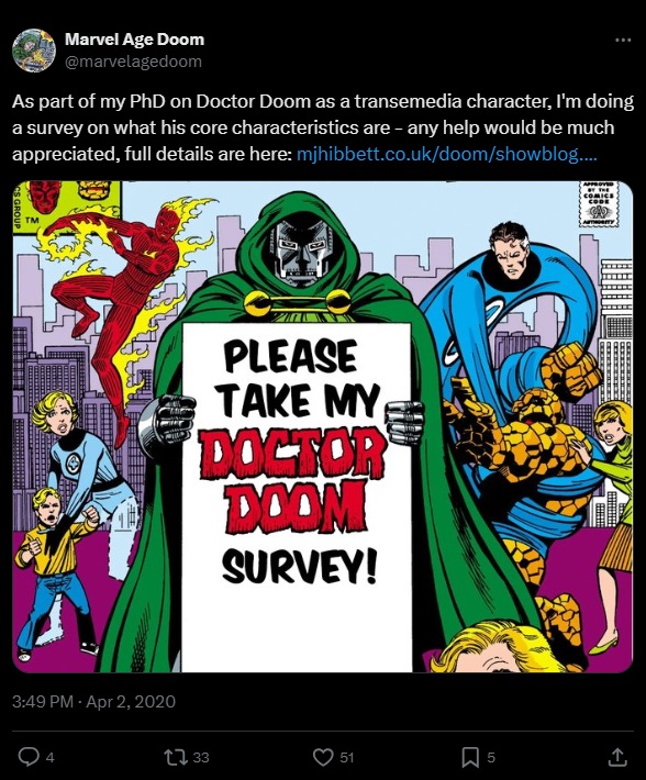 As part of my PhD on Doctor Doom as a transemedia character, I'm doing a survey on what his core characteristics are - any help would be much appreciated, full details are here (then an old link)